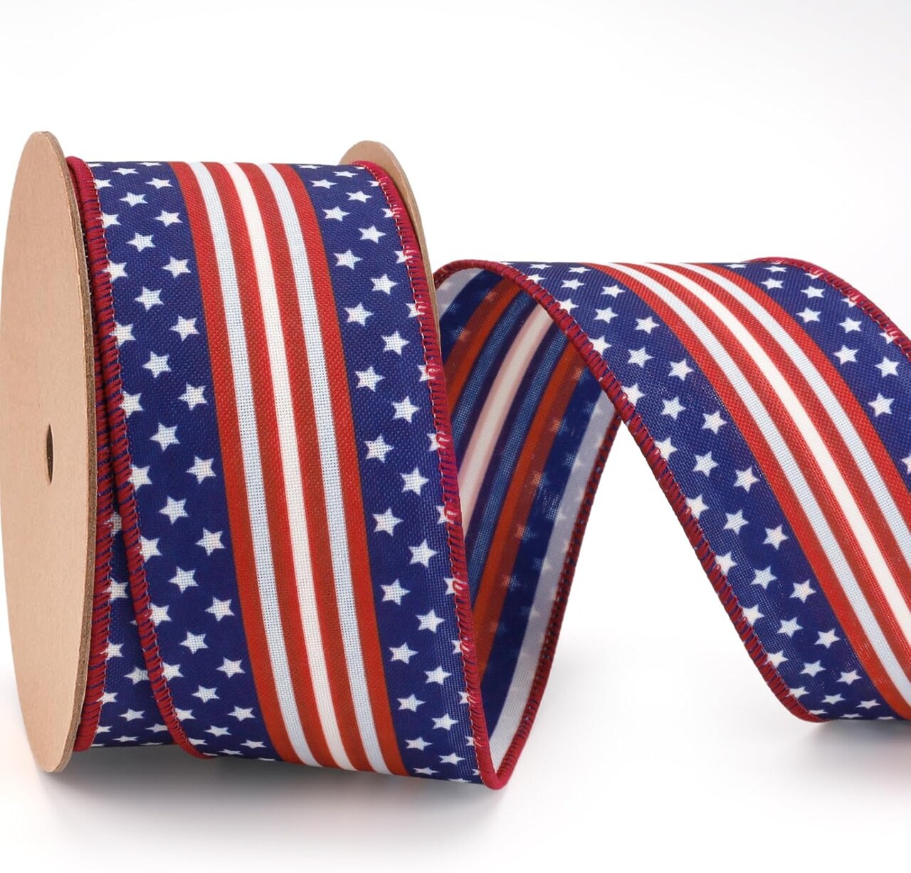 Patriotic Ribbon Wired, 4th of July Reversible Star Flage Ribbon 2.5 Inch x 12 Yards Continuous for Independence